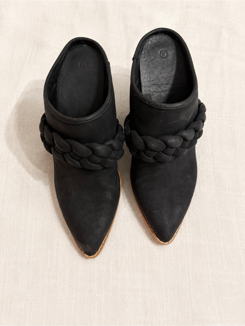 Braided-Trim Black Pointed Mules with Block Heel size 10